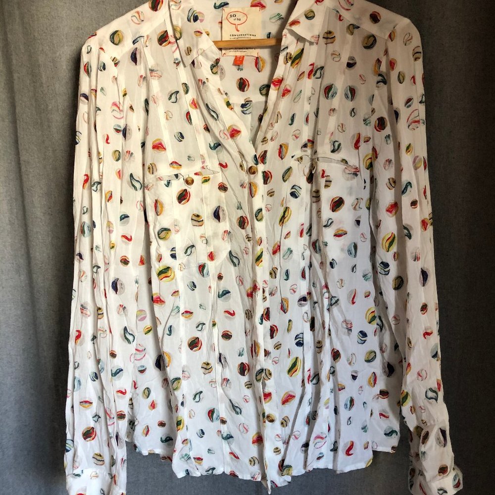 Anthropologie White Button-Down Blouse with Multicolor Lip Motif